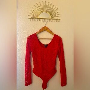 Streetwear Society, Red lace, Bodysuit top, Size Large, long sleeve, Never Worn